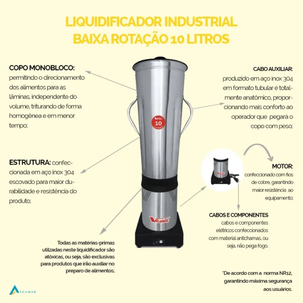 Liquidificador Industrial Baixa Rotação 10 Litros Vitalex - Imagem 3