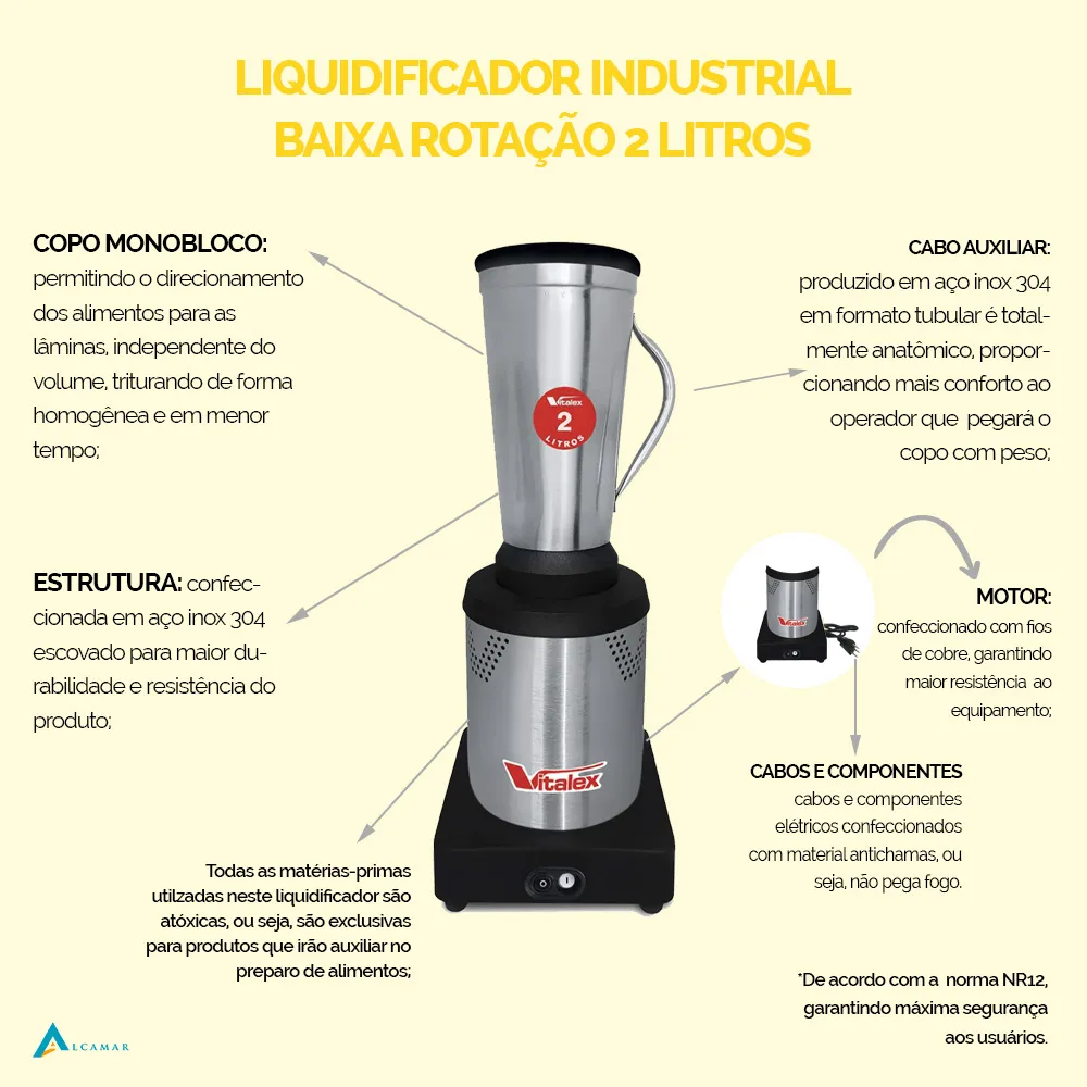 Liquidificador Industrial Baixa Rotação 2 Litros Vitalex - Imagem 4