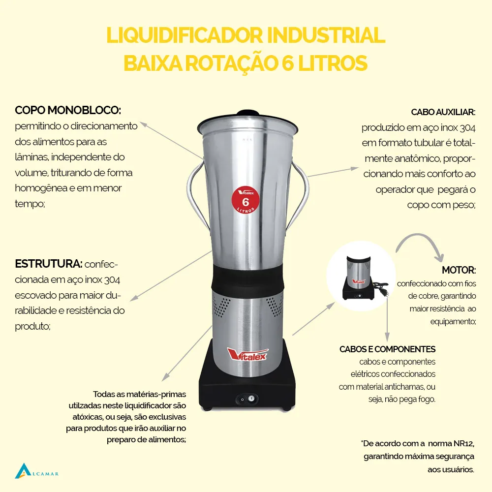 Liquidificador Industrial Baixa Rotação 6 Litros Vitalex - Imagem 3