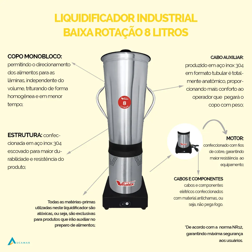 Liquidificador Industrial Baixa Rotação 8 Litros Vitalex - Imagem 3