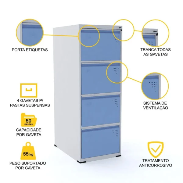 Armário Arquivo de Aço 4 Gavetas Pasta Suspensa Azul-Dali Pandin - Imagem 2